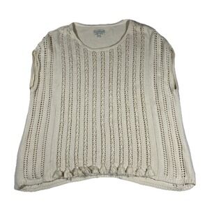 Lucky Brand Crochet Knit Sweater Vest Top Ivory Cream Cable Knit Tassle L/XL
